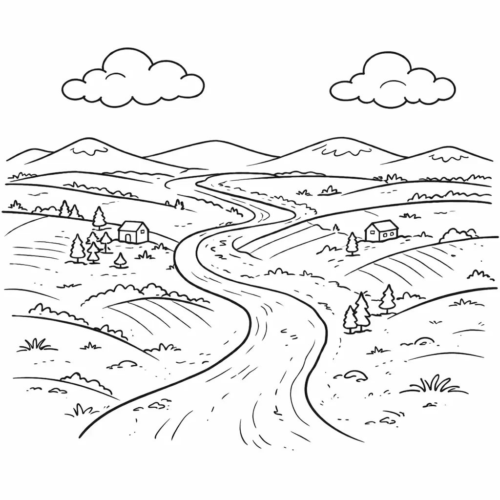 דף צביעה של נוף שדות להדפסה