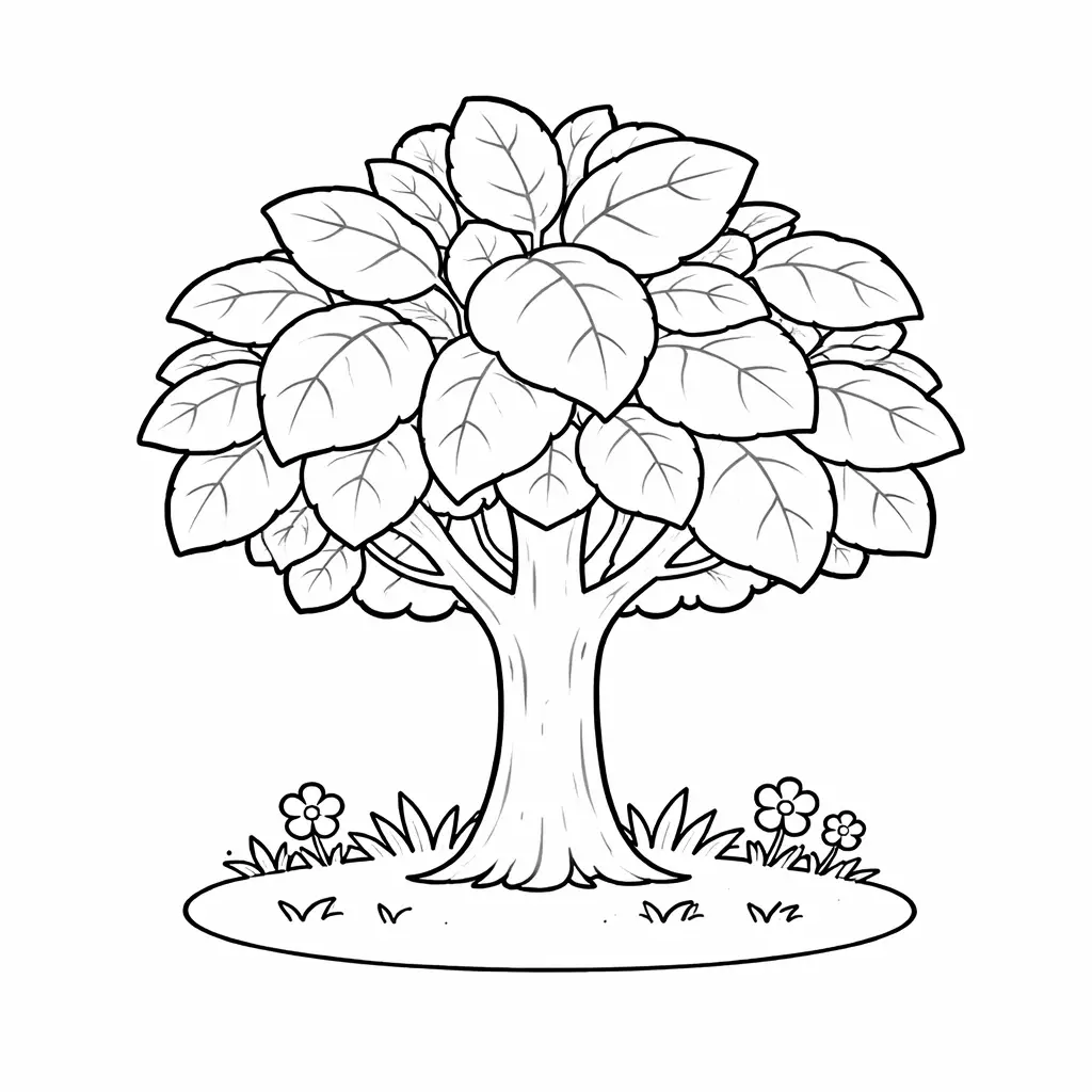 דף צביעה של עץ עם עלים גדולים להדפסה