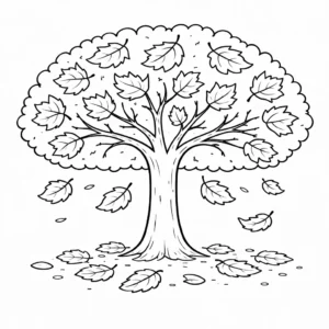 דף צביעה של עץ שלכת בסתיו להדפסה