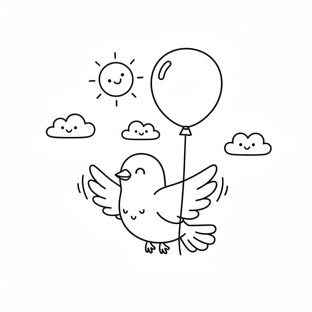 דף צביעה של ציפור ובלון להדפסה