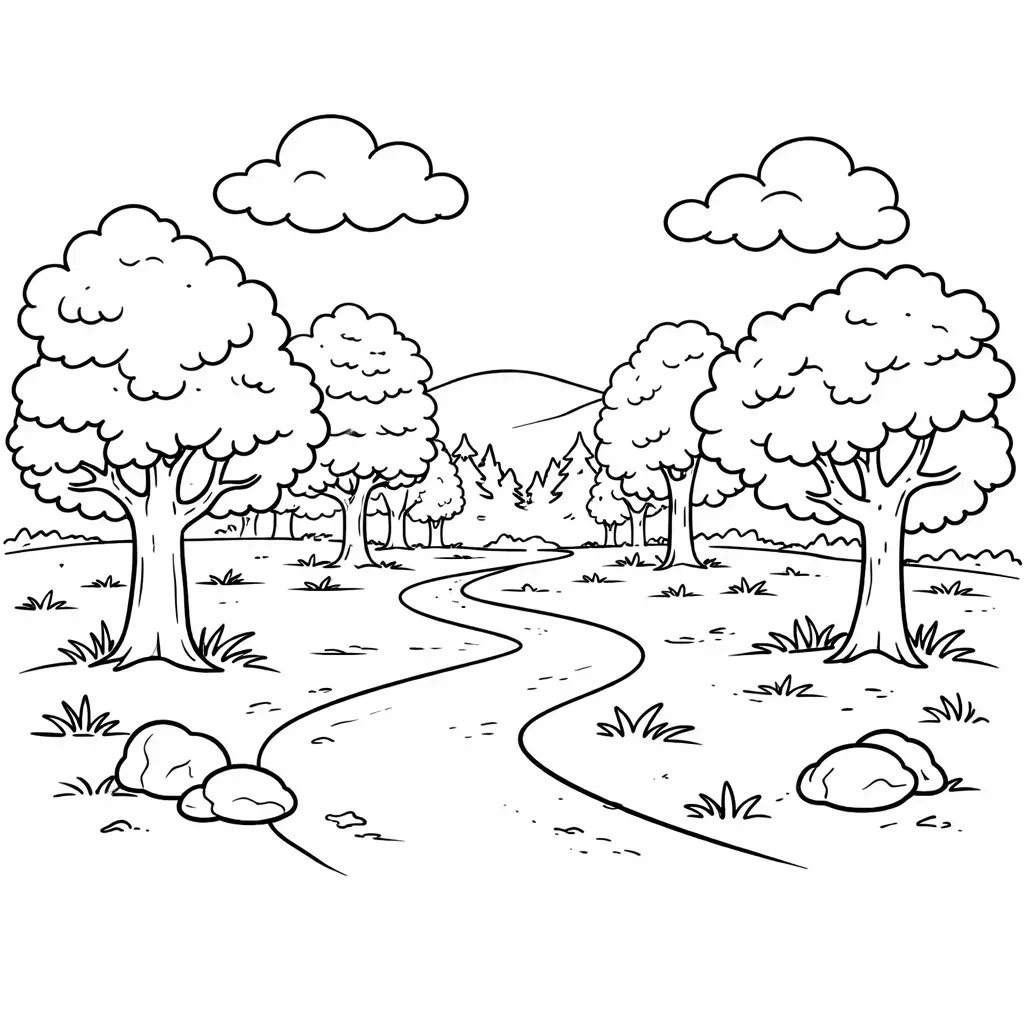 דף צביעה של שביל ביער להדפסה