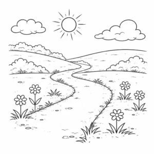 דף צביעה של שביל מפותל בטבע להדפסה