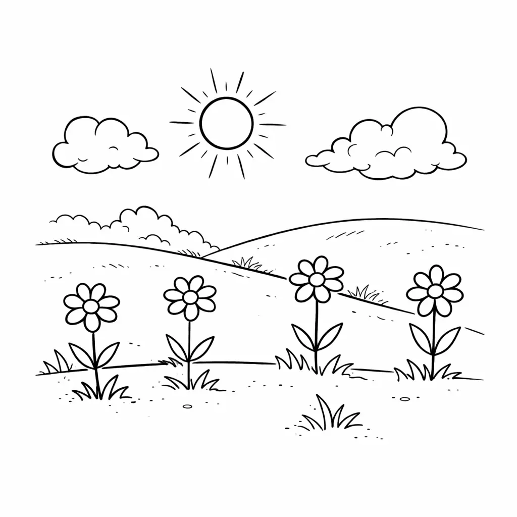 דף צביעה של שדה פרחים להדפסה