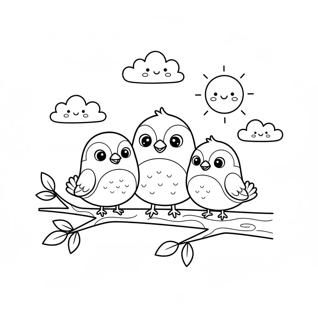 דף צביעה של שלישיית ציפורים להדפסה