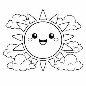 דף צביעה של שמש מחייכת בשמיים להדפסה