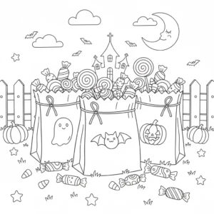 דף צביעה של שקיות ממתקים האלווין להדפסה