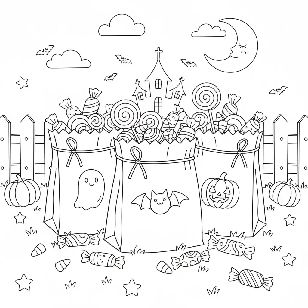 דף צביעה של שקיות ממתקים האלווין להדפסה