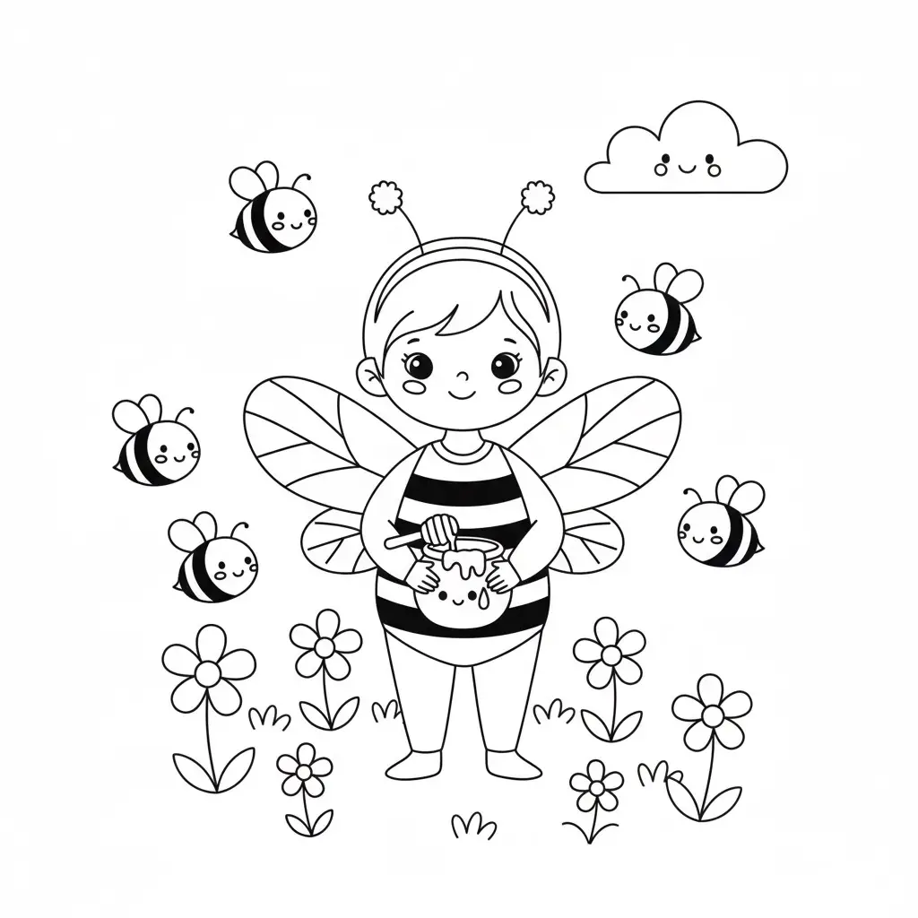 דף צביעה של תחפושת דבורה להדפסה