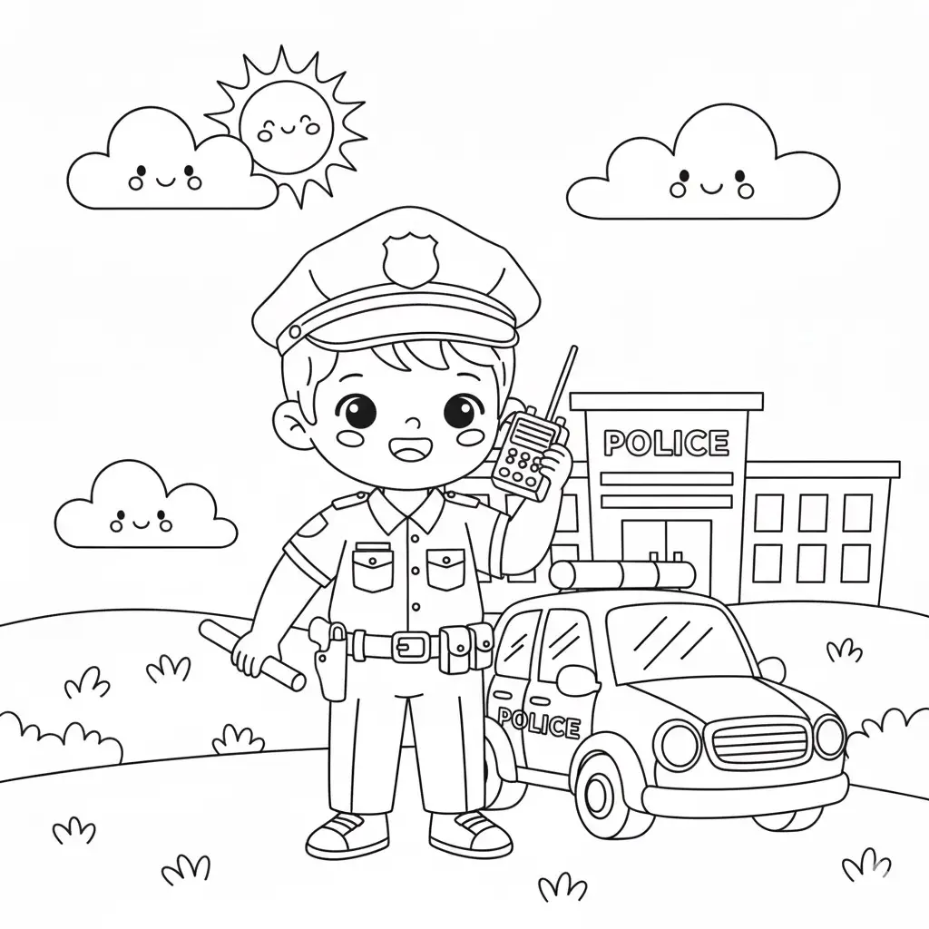 דף צביעה של תחפושת שוטר להדפסה