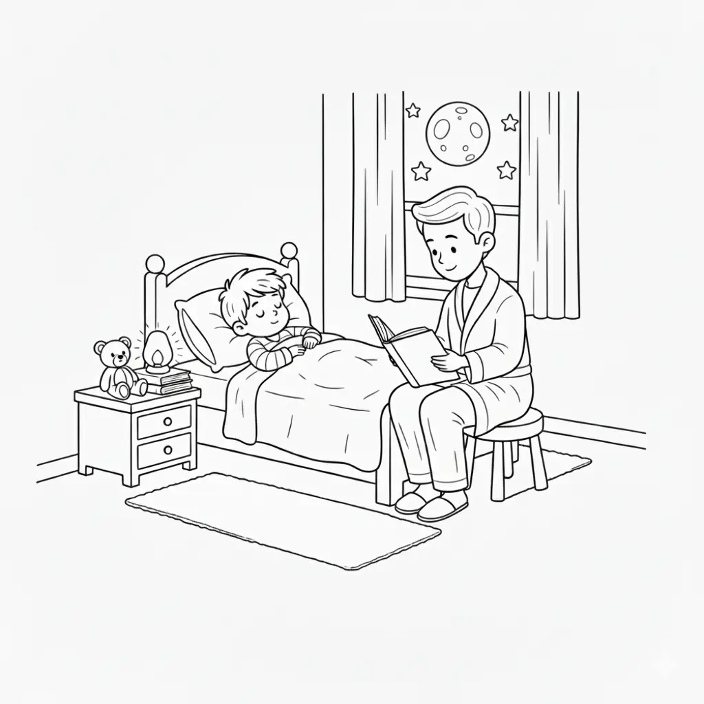 דף צביעה של אבא מקריא סיפור לפני שינה להדפסה