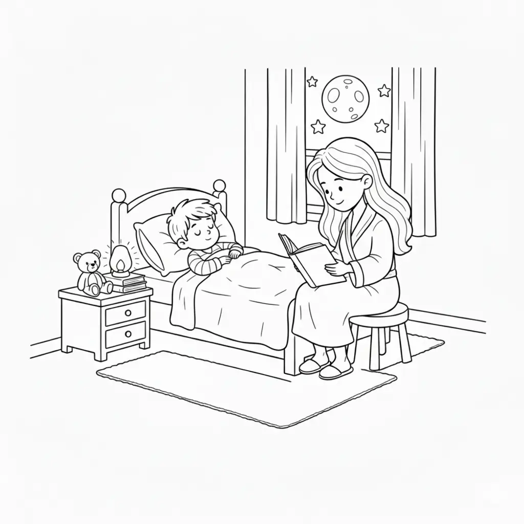 דף צביעה של אמא מקריאה סיפור להדפסה