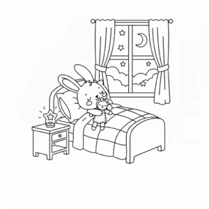 דף צביעה של ארנבון מתוק ישן במיטה להדפסה