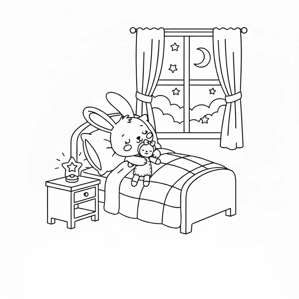 דף צביעה של ארנבון מתוק ישן במיטה להדפסה