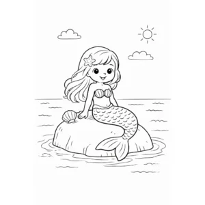 דף צביעה של בת ים על סלע להדפסה