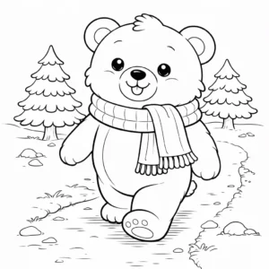 דף צביעה של דוב מטייל בשלג להדפסה