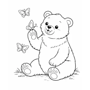 דף צביעה של דוב משחק עם פרפרים להדפסה
