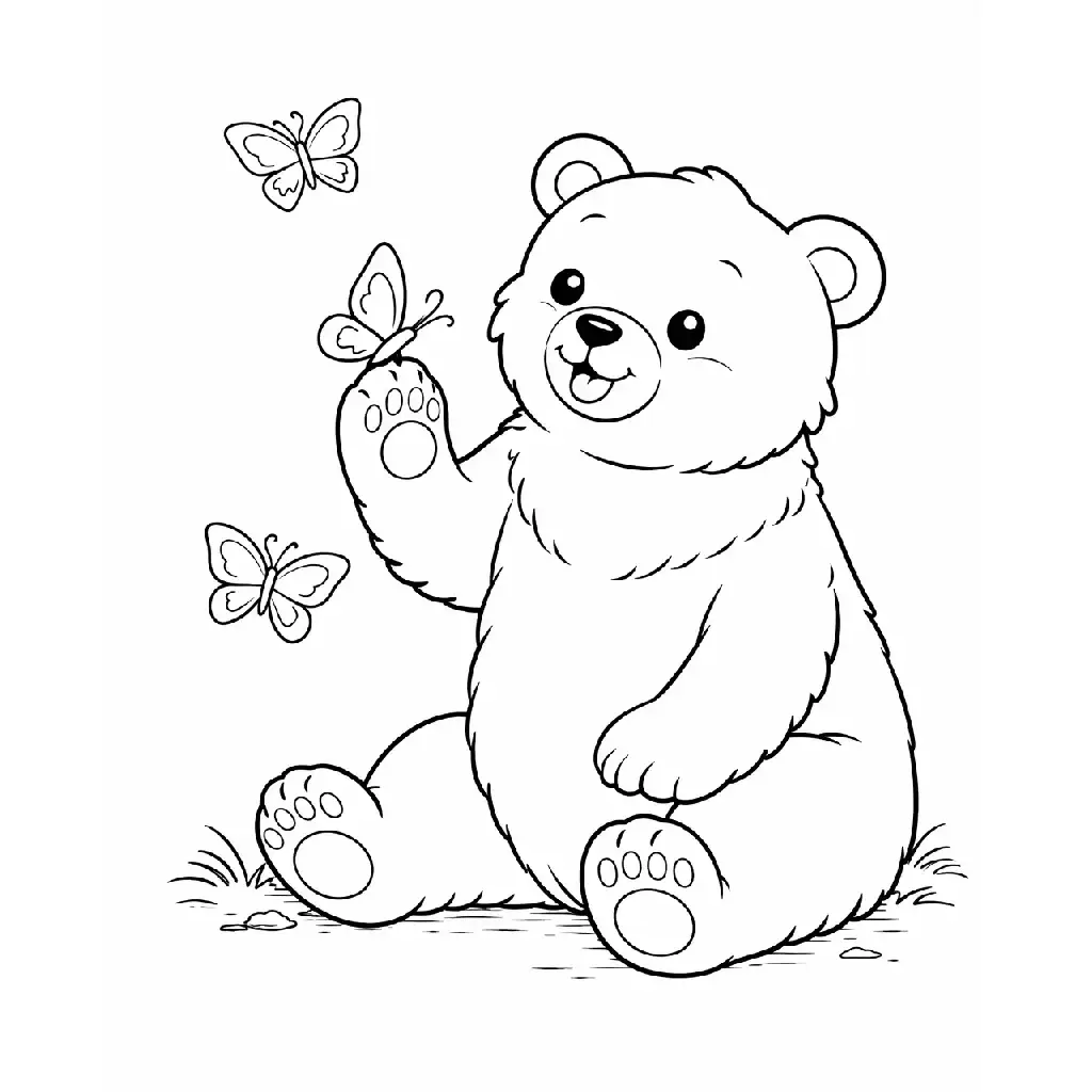 דף צביעה של דוב משחק עם פרפרים להדפסה