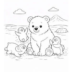 דף צביעה של דוב קוטב משחק עם פינגווינים להדפסה