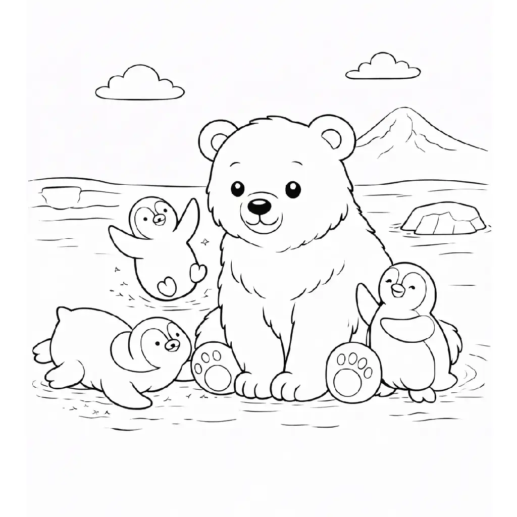 דף צביעה של דוב קוטב משחק עם פינגווינים להדפסה