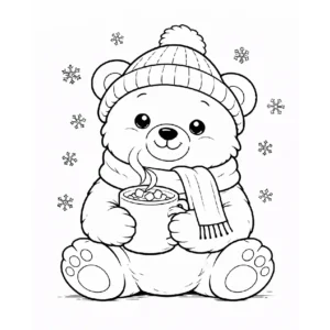 דף צביעה של דוב שותה שוקו בחורף להדפסה