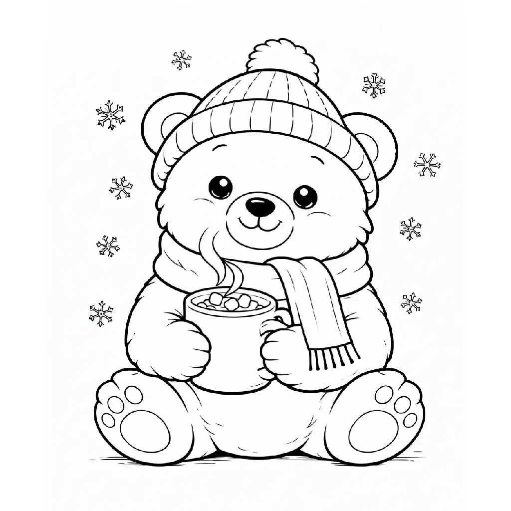 דף צביעה של דוב שותה שוקו בחורף להדפסה