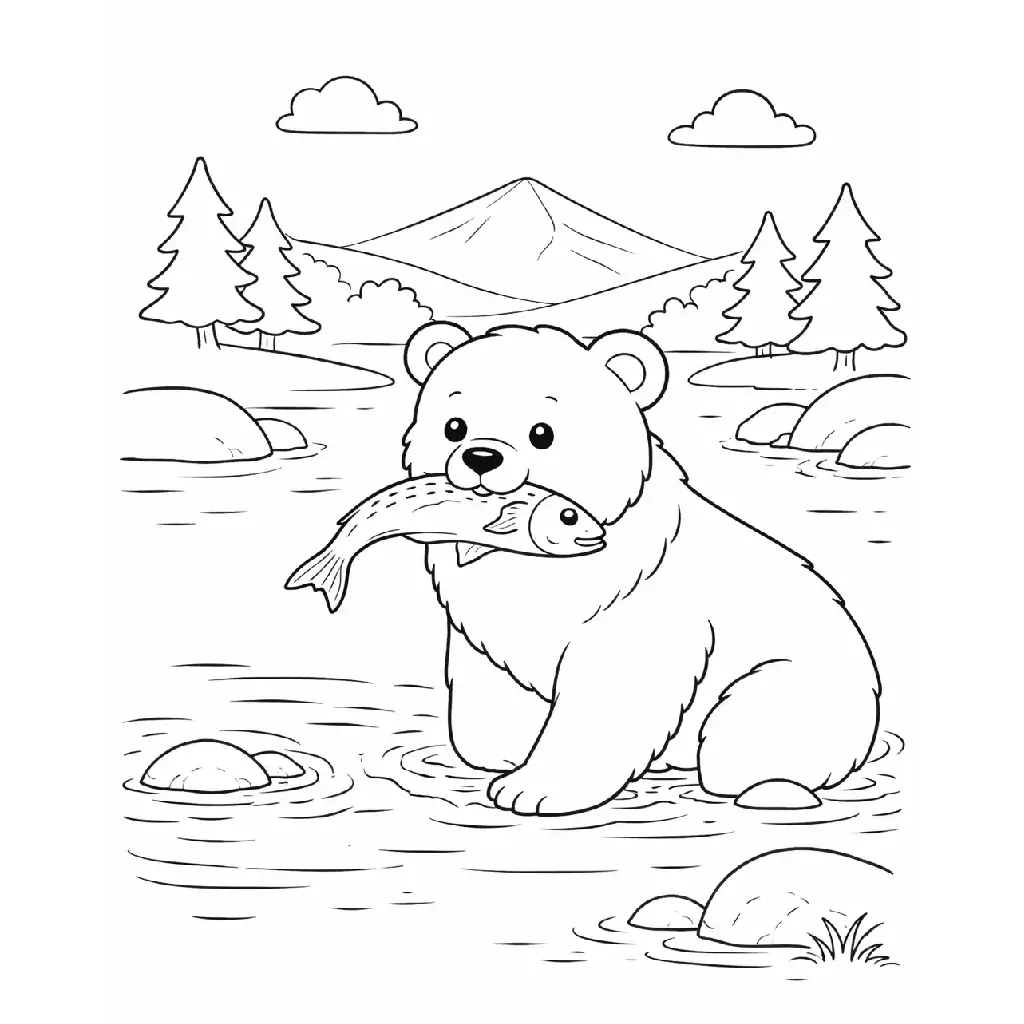 דף צביעה של דוב תופס דג להדפסה