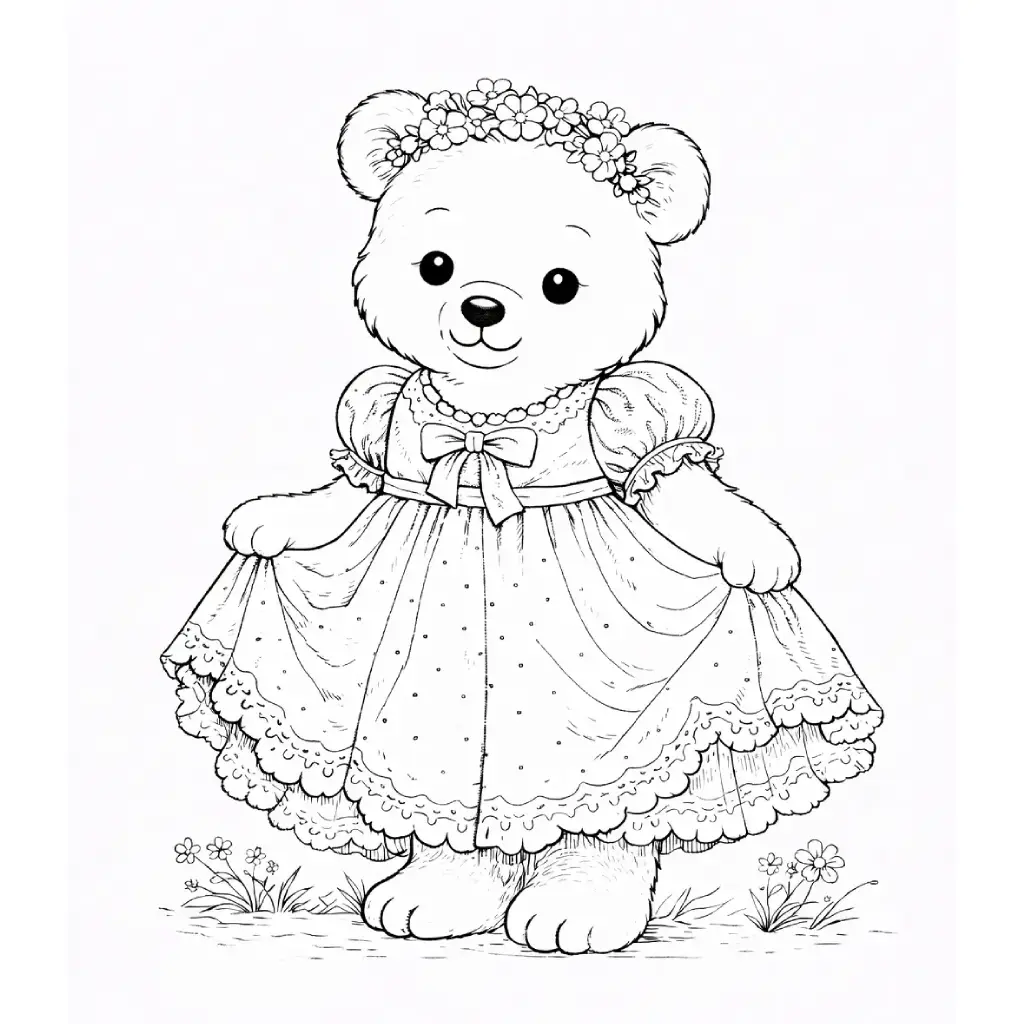 דף צביעה של דובה בשמלה להדפסה