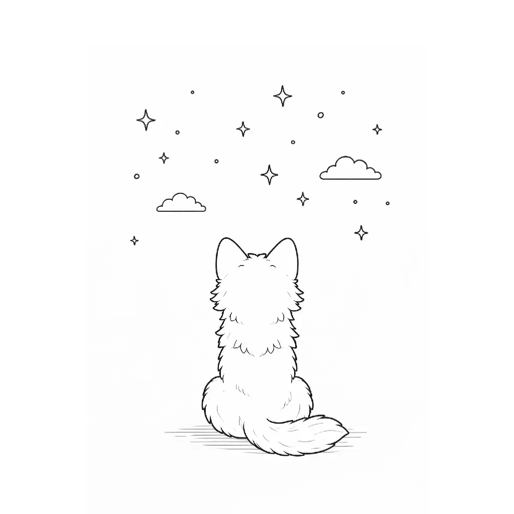 דף צביעה של זאב מסתכל על כוכבים להדפסה