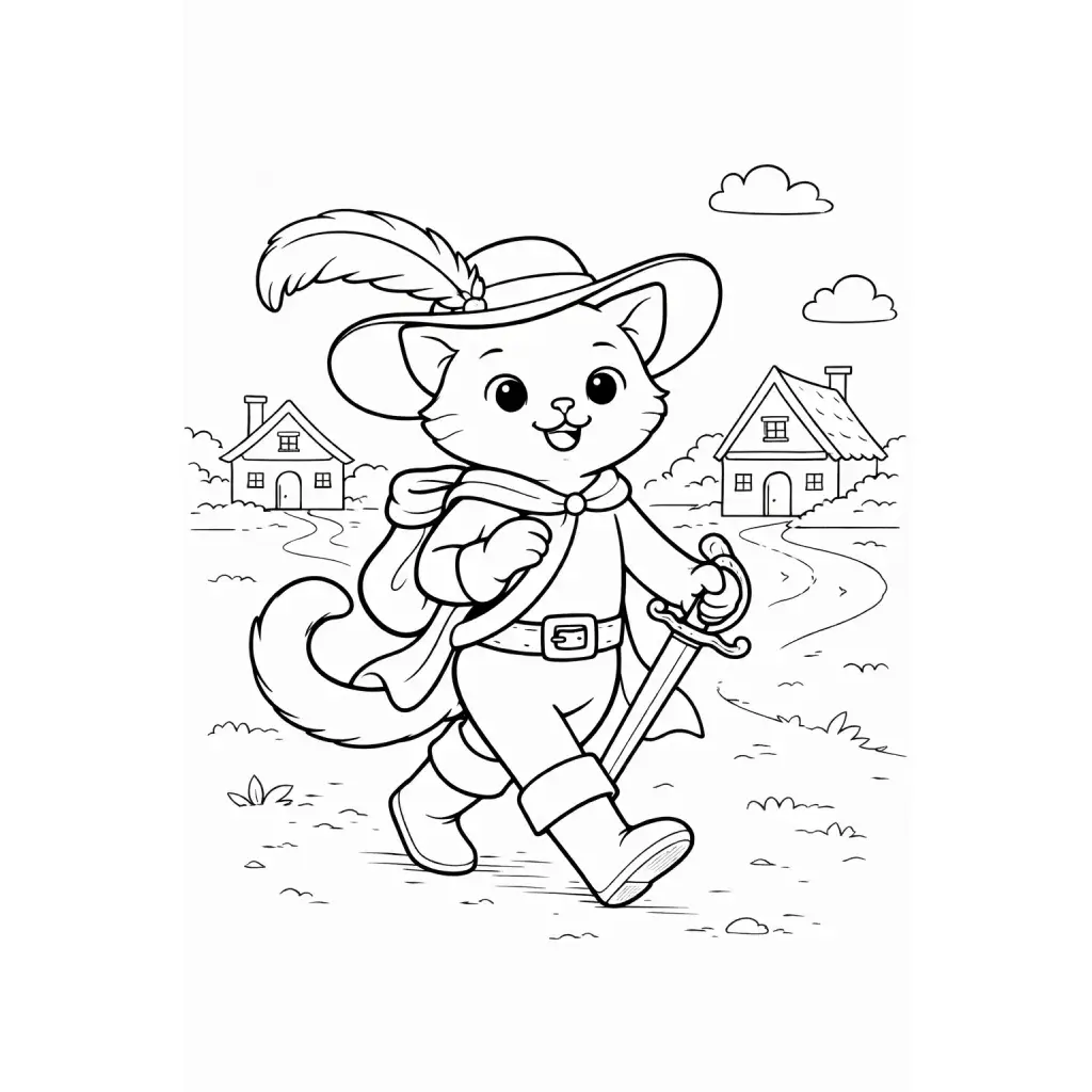 דף צביעה של חתול במגפיים להדפסה