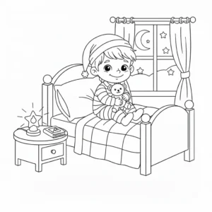 דף צביעה של ילד במיטה לפני שינה להדפסה