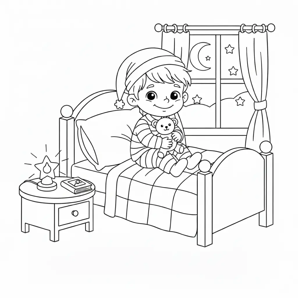 דף צביעה של ילד במיטה לפני שינה להדפסה