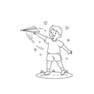 דף צביעה של ילד ומטוס נייר להדפסה