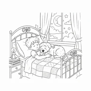 דף צביעה של ילד ישן עם חברו הכלב להדפסה