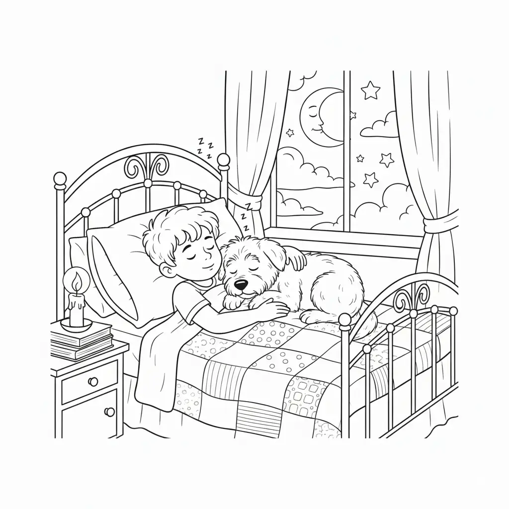 דף צביעה של ילד ישן עם חברו הכלב להדפסה
