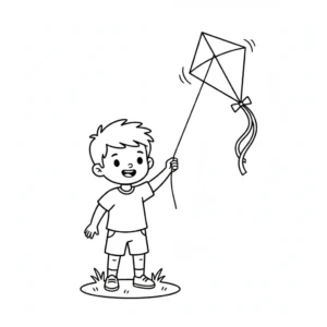 דף צביעה של ילד מעיף עפיפון להדפסה