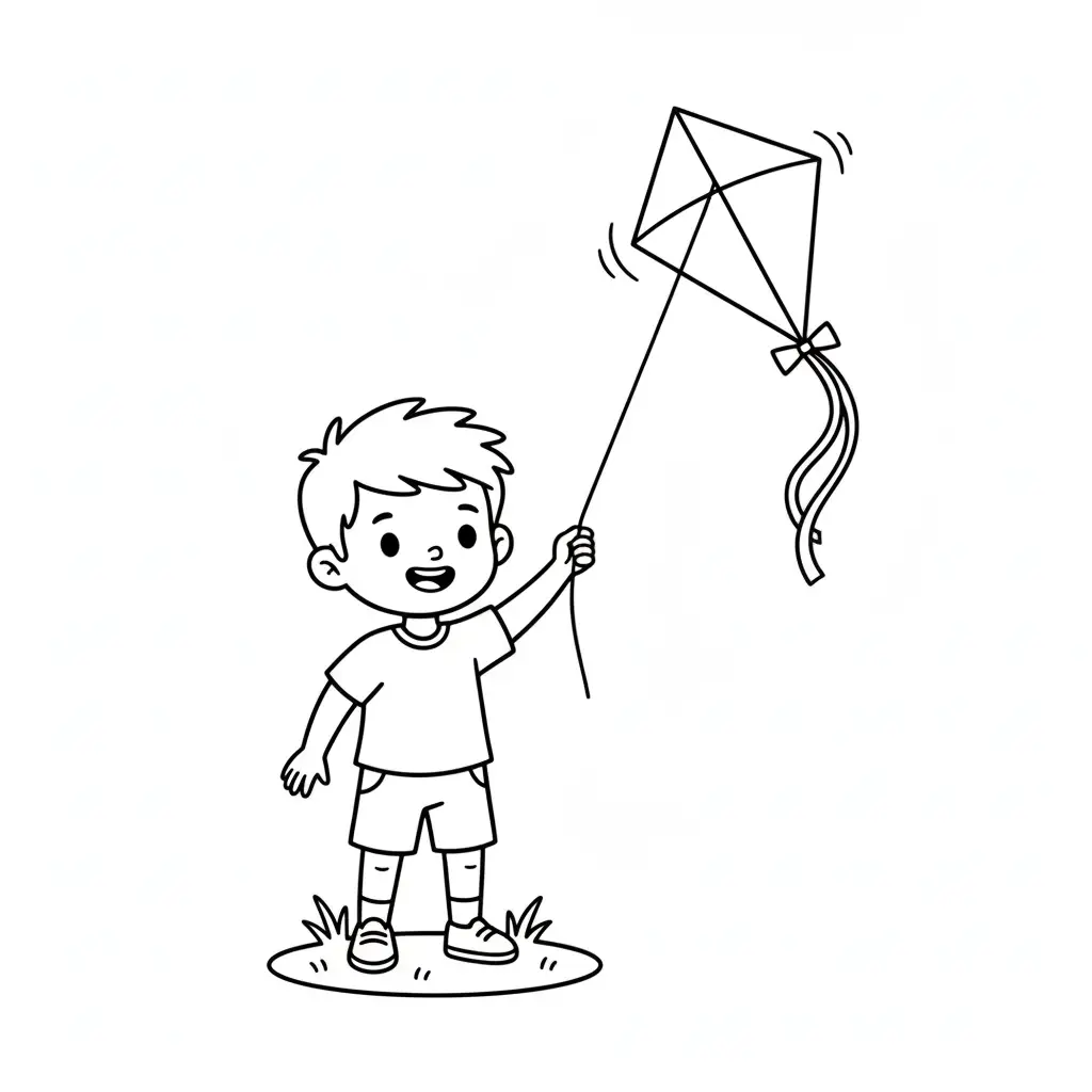 דף צביעה של ילד מעיף עפיפון להדפסה