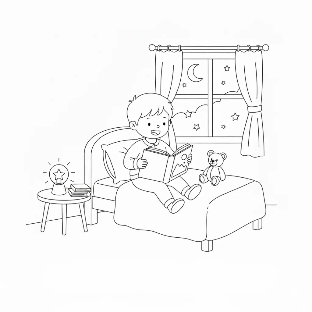 דף צביעה של ילד מקריא סיפור לדובי להדפסה