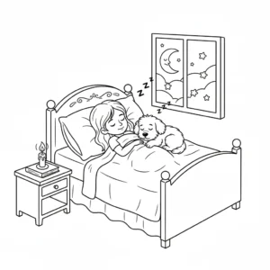 דף צביעה של ילדה וכלבלב ישנים להדפסה