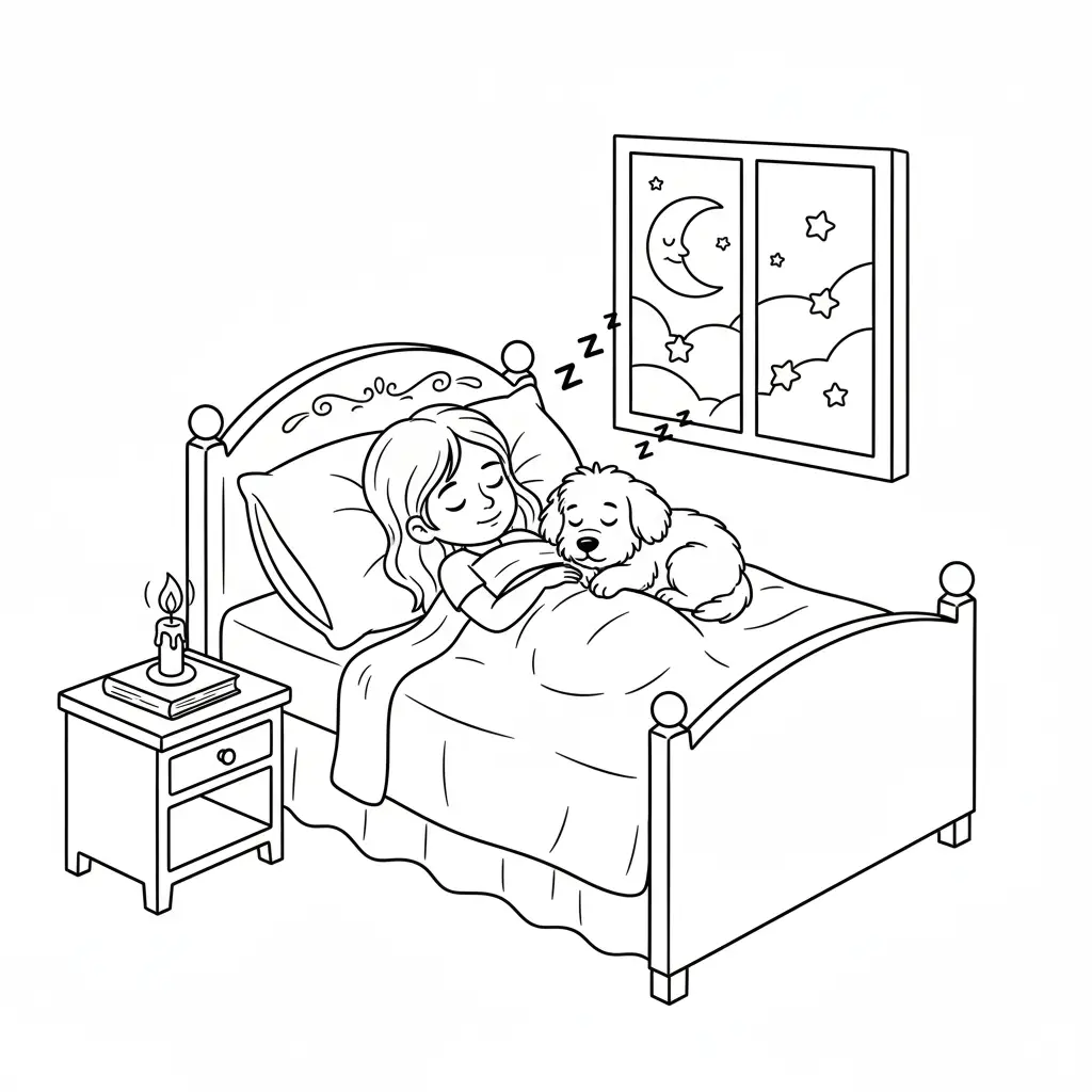 דף צביעה של ילדה וכלבלב ישנים להדפסה