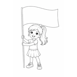 דף צביעה של ילדה מחזיקה דגל להדפסה