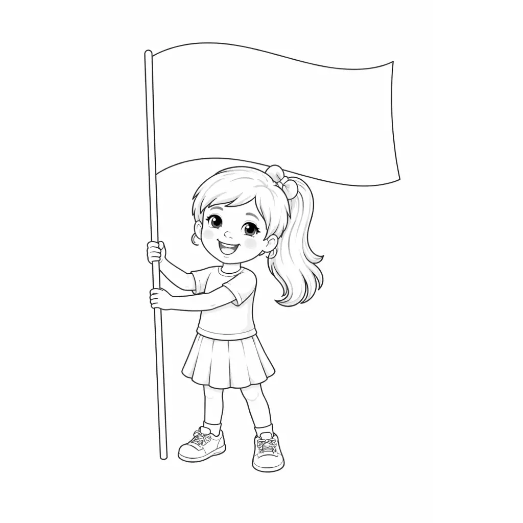 דף צביעה של ילדה מחזיקה דגל להדפסה