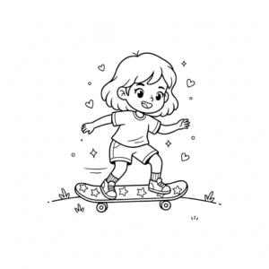 דף צביעה של ילדה על סקייטבורד להדפסה