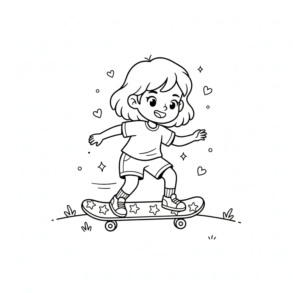 דף צביעה של ילדה על סקייטבורד להדפסה