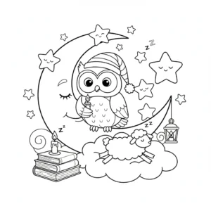 דף צביעה של ינשוף כבשה וירח להדפסה