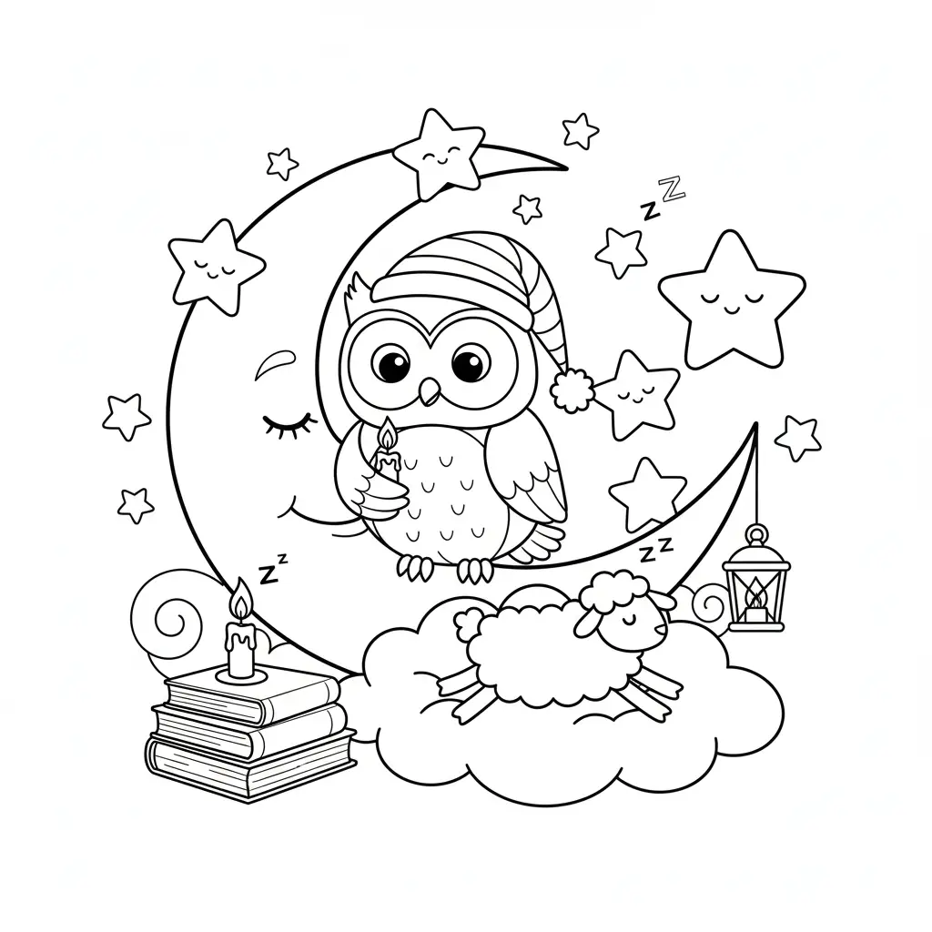 דף צביעה של ינשוף כבשה וירח להדפסה