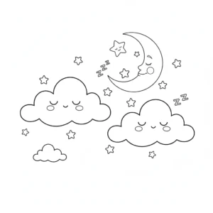 דף צביעה של ירח ועננים ישנים להדפסה