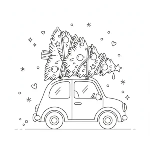 דף צביעה של מכונית ועץ על הגג כריסמס להדפסה