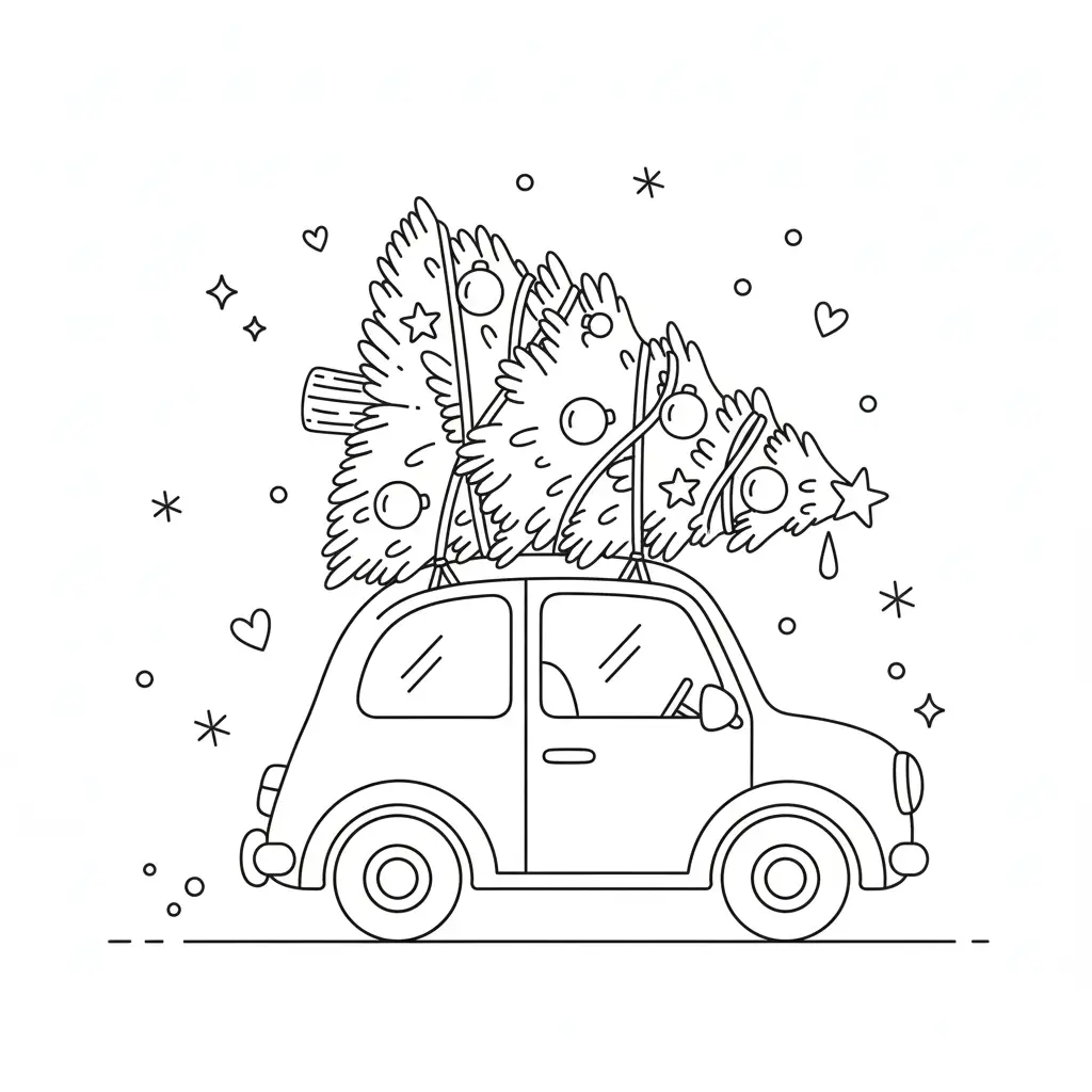דף צביעה של מכונית ועץ על הגג כריסמס להדפסה