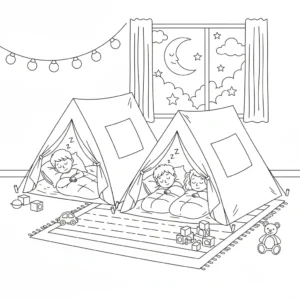 דף צביעה של מסיבת אוהלים ביתית להדפסה