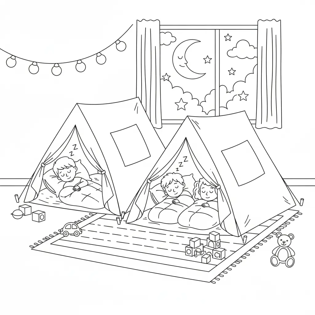 דף צביעה של מסיבת אוהלים ביתית להדפסה